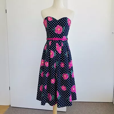 Review Navy Pink Floral Strapless Fit & Flare Belted Cocktail Dress Size 6 New • $35
