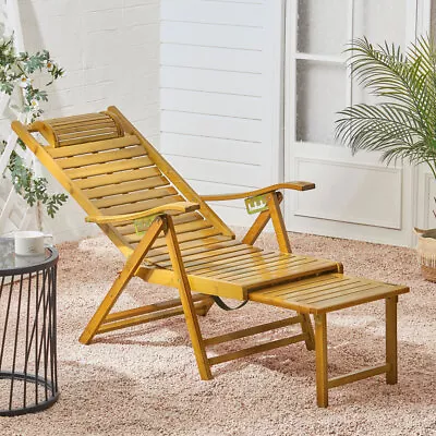 Bamboo Foldable Sun Lounger Garden Chair Patio Recliner Outdoor Deck Footrest • £55.95