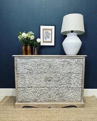 Mango Wood Carved Chest Of Drawers Floral Design • £526