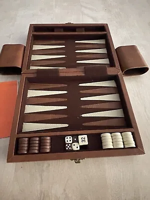 VINTAGE BACKGAMMON SET TRAVEL SIZE Faux Leather Brown Case Complete 7 X9  • $16