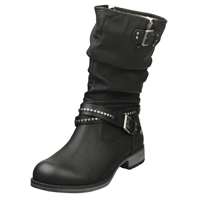 Mustang Side Zip Low Heel Womens Black Ankle Boots • £81