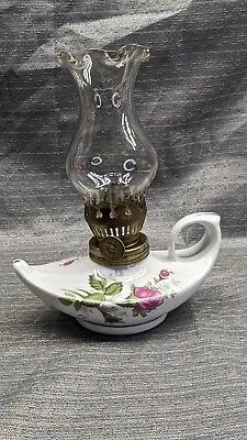 Vintage Miniature Oil Lamp Ceramic Porcelain Floral Rose Lantern Hurricane Glass • $13.49
