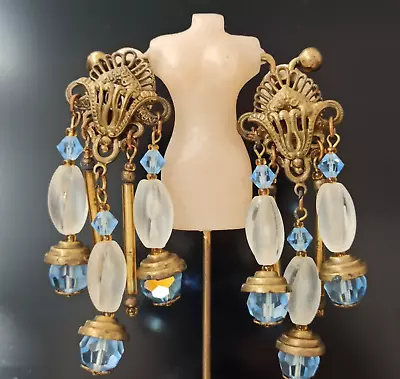 Vintage Clip Earrings Royal Art Deco Long Blue AB Crystals Lucite Statement VTG • $36