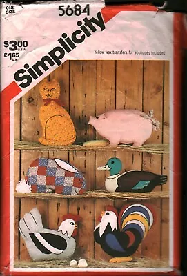 5684 Vintage Simplicity Sewing Pattern Stuffed Animal  Pillow Cat Duck Pig Bunny • $9.99