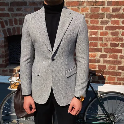Men's Woolen Coat Blazer Casual Suit Slim British Style One Button Winter Warm  • $109.80