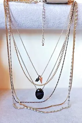  VT12 -*RED HERRING*-multi-row Silver Gold Tones Black Chains Pendants Necklace • £10