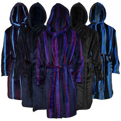 SALE Mens Hooded Dressing Robe Striped Plain Classic Bathrobe Fleece Gown M-XXL • £12.99
