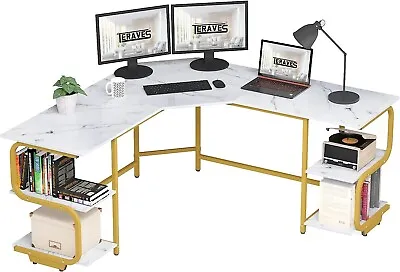 Gaming Computer Desk White Marbling 65x30 L-Shaped Corner Workstation Shelves • $222.88