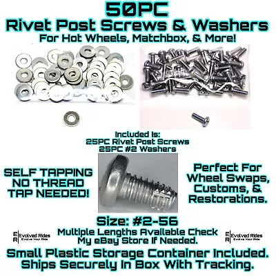 50pc 3/16th 2-56 Rivet Screw Self Tapping Hot Wheels Matchbox Custom Restoration • $6.29