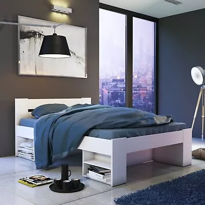 £309.95 • Buy White Double Bed Frame Euro Headboard Storage Shelves Solid Wood Slats Nepo