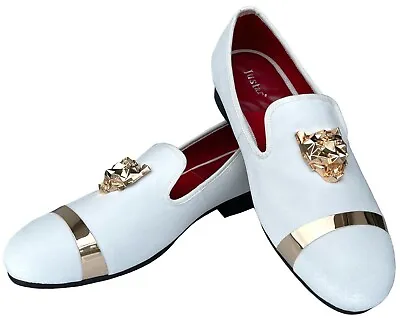 Men's White Velvet Loafers Formal Dress Shoes Gold Buckles Slip-on Slippers Flat • $59.50