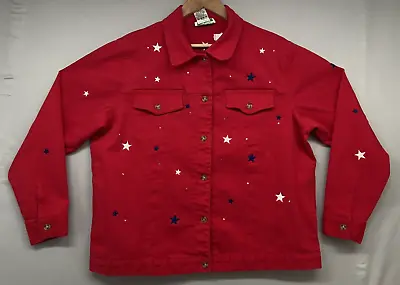 Quacker Factory Denim Jacket LARGE-Red-Embellished-Stars-Christmas-Holiday-Gift • $20.36