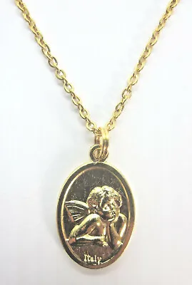 Thoughtful Cherub / Guardian Angel Medal Pendant Necklace 20  Gold Plated Chain • $17.95