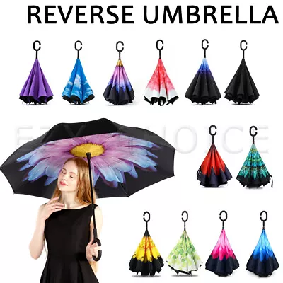 $13.99 • Buy Windproof Upside Down Reverse Umbrella C-Handle Double Layer Inside-Out Inverted