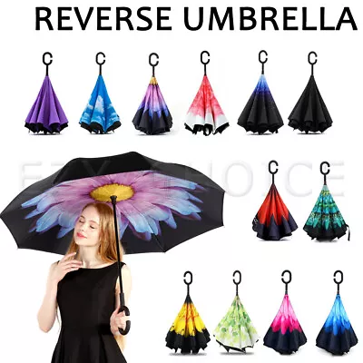 Windproof Upside Down Reverse Umbrella C-Handle Double Layer Inside-Out Inverted • $9.99