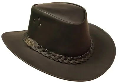 £21.95 • Buy Real Leather Western Style Cowboy Bush Hat Brown Removable Chin Strap UK Stock