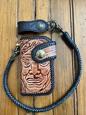 Left Handed Biker Chain Wallet 3/4 Size Motorcycle Chief Tooled Engraved Leather • $285