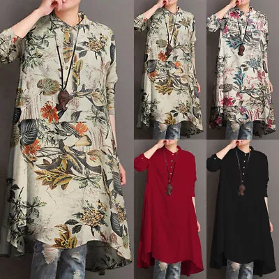 Womens Printed Cotton Linen T-Shirt Dress Blouse Casual Baggy Loose Tunic  • £12.28