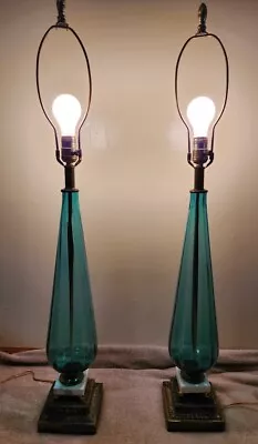 Set Teal Blue Murano Blown Glass Table Lamps Tear Drop Marble Base Italy MCM 38  • $1995