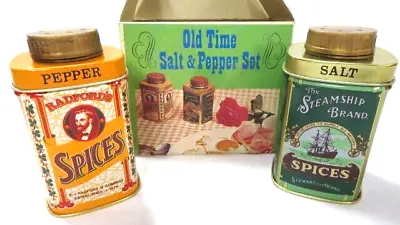 Vintage Tin Steamship Brand Bradford's Spices Salt & Pepper Shaker Set NIB • $12.50