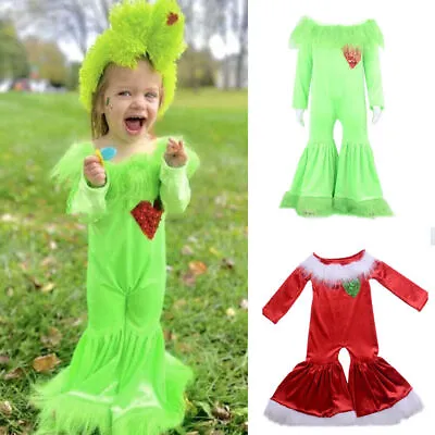 Kids Girls Christmas Costume Jumpsuit Bodysuit Flared Pants Xmas Fancy Dress • £18.80