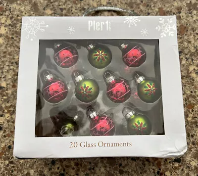 $15.99 • Buy Pier 1 Imports 20 Mini Glass Ornaments Reindeer Sweater Pattern Poinsettia *Read