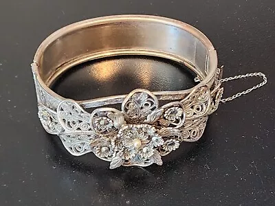 Vintage Silver Fine Filigree  Cannetille Floral Rosettes Hinged Bracelet • $19.99