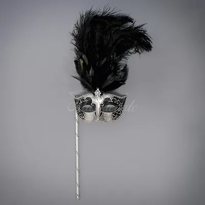 Handheld Stick Venetian Masquerade Mask For Women M6150 - Black/Silver • $15.95