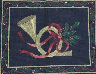 TAPESTRY Fabric Piece CHRISTMAS Bow Horn Gold Blue Red PILLOW 17 X 14 Craft  • £8.63