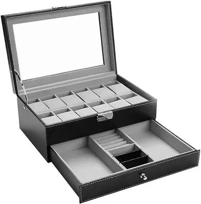 Leather 12 Watch Box With Jewelry Display Drawer Lockable Watch Case Organizer • $76.45