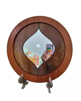 Vtg MCM Mirror Round Marbled Slag Glass Wood Frame Artist Signed Joe Franco 1977 • $99.99