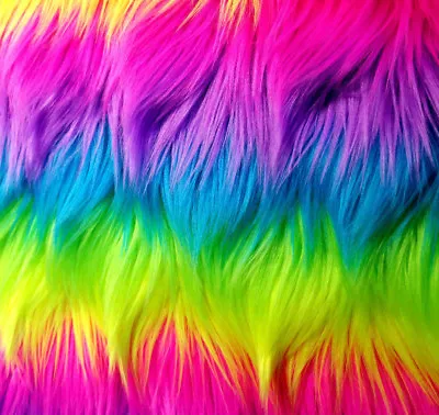$18 • Buy Neon Rainbow Stripe Shaggy Faux Fur 60  Long Pile Rave Vibrant Stripes Purple 