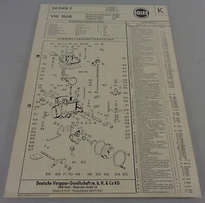 Datasheet Solex Carburetor Type 32 PHN-1 For VW 1500 Type 3 • $21.27