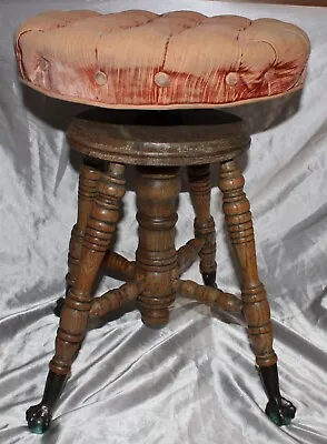 Antique Oak Wood Eagle Claw And Ball Footed Adjustable Height Piano Stool • $96