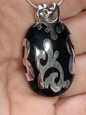 Flli Menegatti Italy Sterling 925 Black Silver Swirl Inlay Oval Pendant Necklace • $139