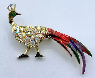 F1-2096 Vintage Brooch Gold Tone Pin 1.75  Animal Bird Peacock Rhinestone • $4.99