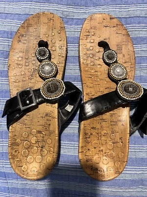 £8.01 • Buy Orthaheel Black T-strap Beaded Stone Thong Sandals Women's Size 10