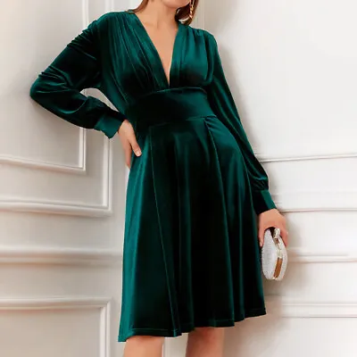 Ladies Velvet Long Sleeve Bodycon Women V-neck Dress Cocktail Party Maxi Dress • £30.83