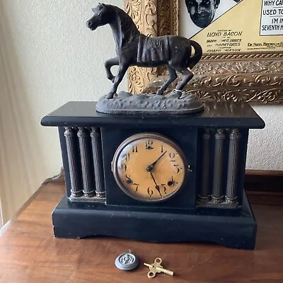 Vintage Antique Wind Up Mantle Shelf Clock Gilbert W/ Horse Topper • $236.05