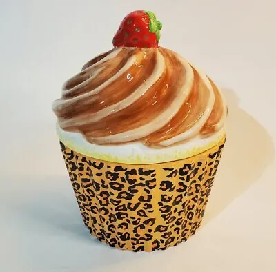 Rare David's Cookies 10  Cupcake Cookie Jar Leopard Print Strawberry Top • $58.64