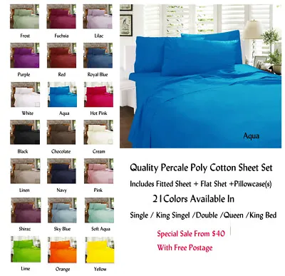 $53.03 • Buy New Percale Fitted Sheet Set Fitted With 38cm Wall 21 Colors For All Bed Sizes