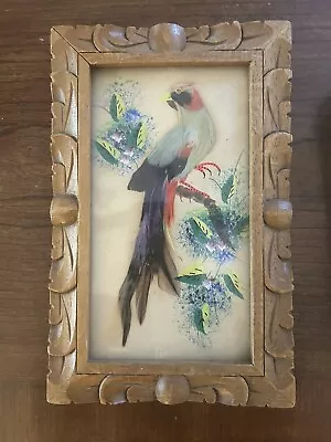 Feather Painting Mexican Folk Art Feathercraft Hand Carved Frame VTG • $4