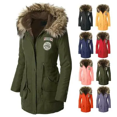 UK Women's Warm Long Coat Fur Collar Hooded Jacket Slim Winter Parka Outwear • £15.36