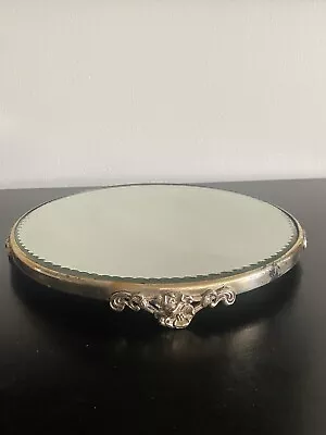 Antique Plateau Vanity Mirror TRAY Metal Footed Art Nouveau Scalloped Bevel Edge • $49.99