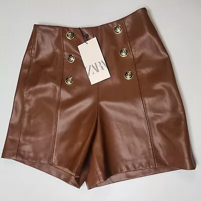 $38 • Buy Zara Faux Leather Shorts With Buttons Brown Size S 3046/250/776