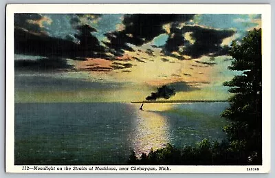 Cheboygan Michigan - Moonlight On The Straits Of Mackinac- Vintage Postcard • $7.64