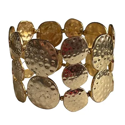 Vintage Circle Cuff Bracelet Hammered Round Disk Stretch Gold-tone A164 • $10.99