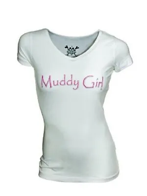 $14.99 • Buy Muddy Girl Pink Camo Logo Short Sleeve V-Neck T-Shirt Medium White
