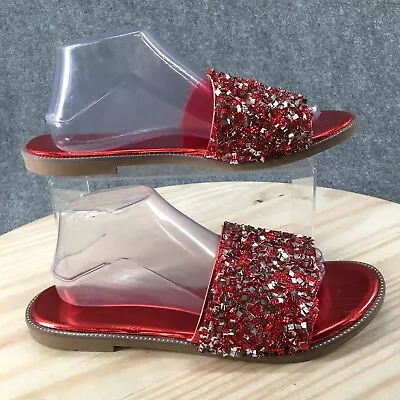 H2K Sandals Womens 11 Casual Glitter Bling Fancy Slide Flats Comfort Red Slip On • $25.99