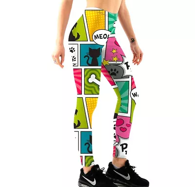 £15.20 • Buy 1 Cartoon Cats Women Leggings High Waist Activewear Yoga Pant Kitties Meow Comic